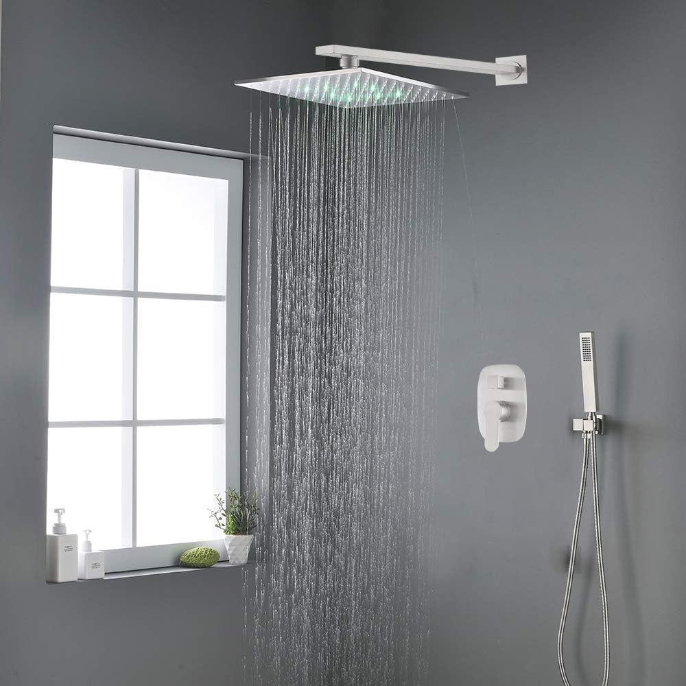 AYIVG Shower System Brushed Nickel 12 Inch LED Square Rainfall Shower Head Bathroom Brass Wall Mounted Shower Set