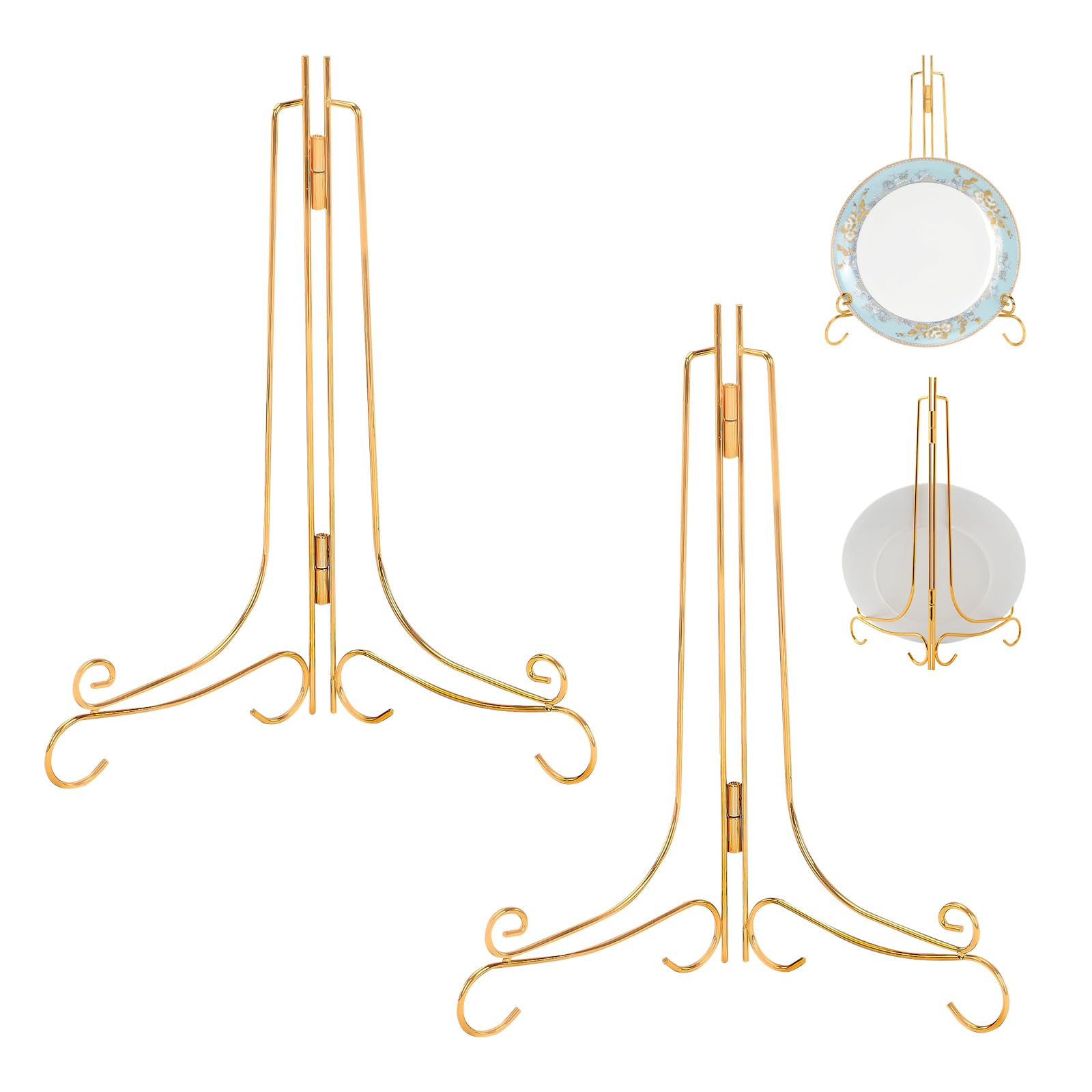 HMIEPRS 2Pcs Foldable Plate Stands for Display, 12 Inch Iron Easel Rotating Display Stand, Tabletop Plate Holder Picture Stand for Display Decorative Plates Photo Frames Cookbooks Art, Gold