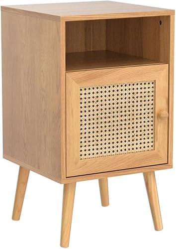 Miniatura 10 de Betterhood Mesita de noche de ratán, mesa auxiliar bohemia con cajón decorado de ratán hecho a mano, mesita de noche moderna de mediados de siglo