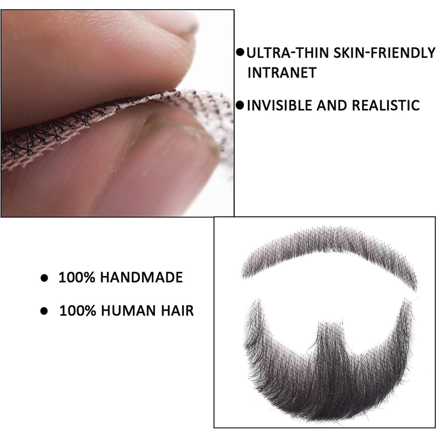 Fake Beard Realistic Mustache Human Hair Goatee False Beards Handmade Facial Hair, Natural Looking Fake Beard. (Black)