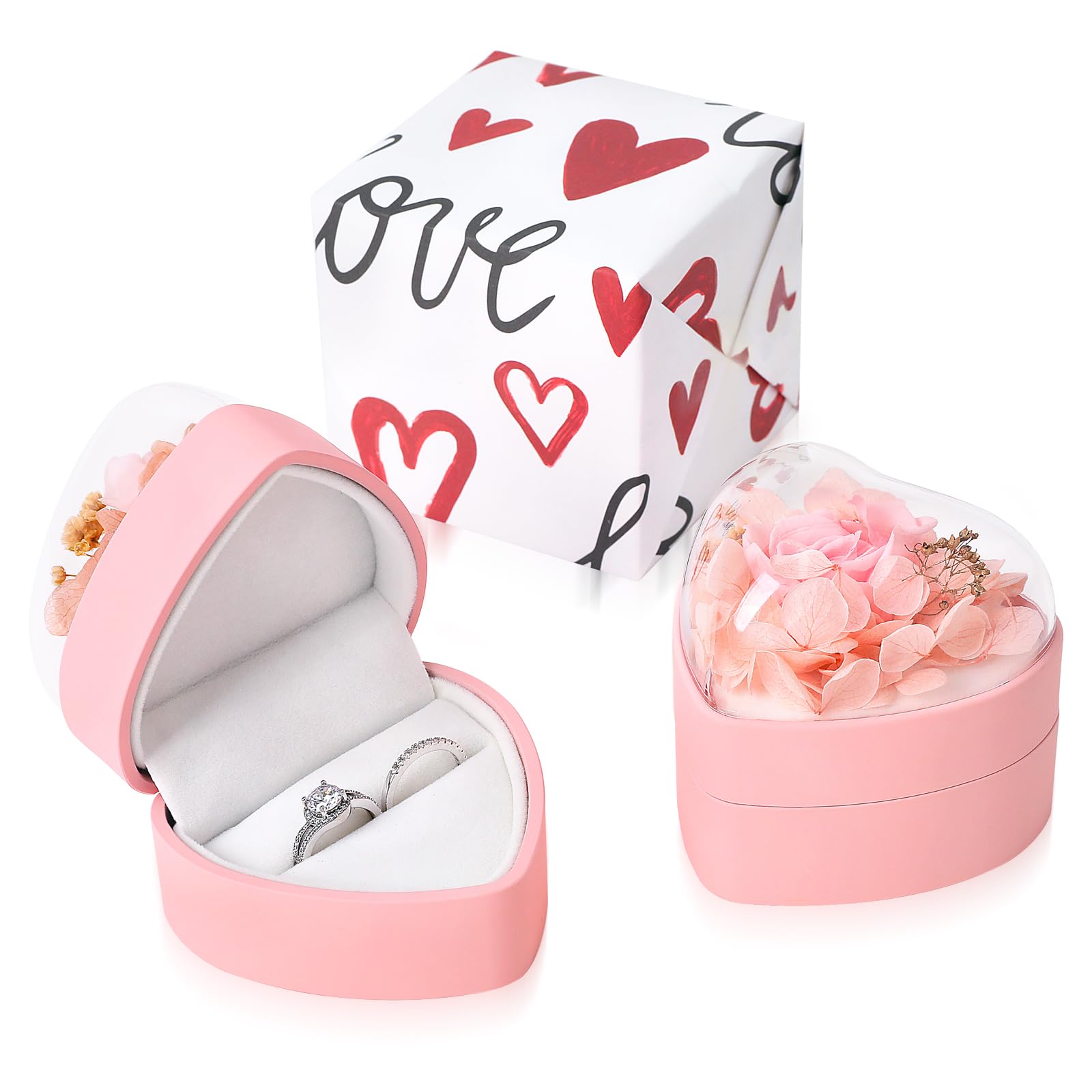 Boîte à bague en velours contre le ternissement, avec rose préservée romantique