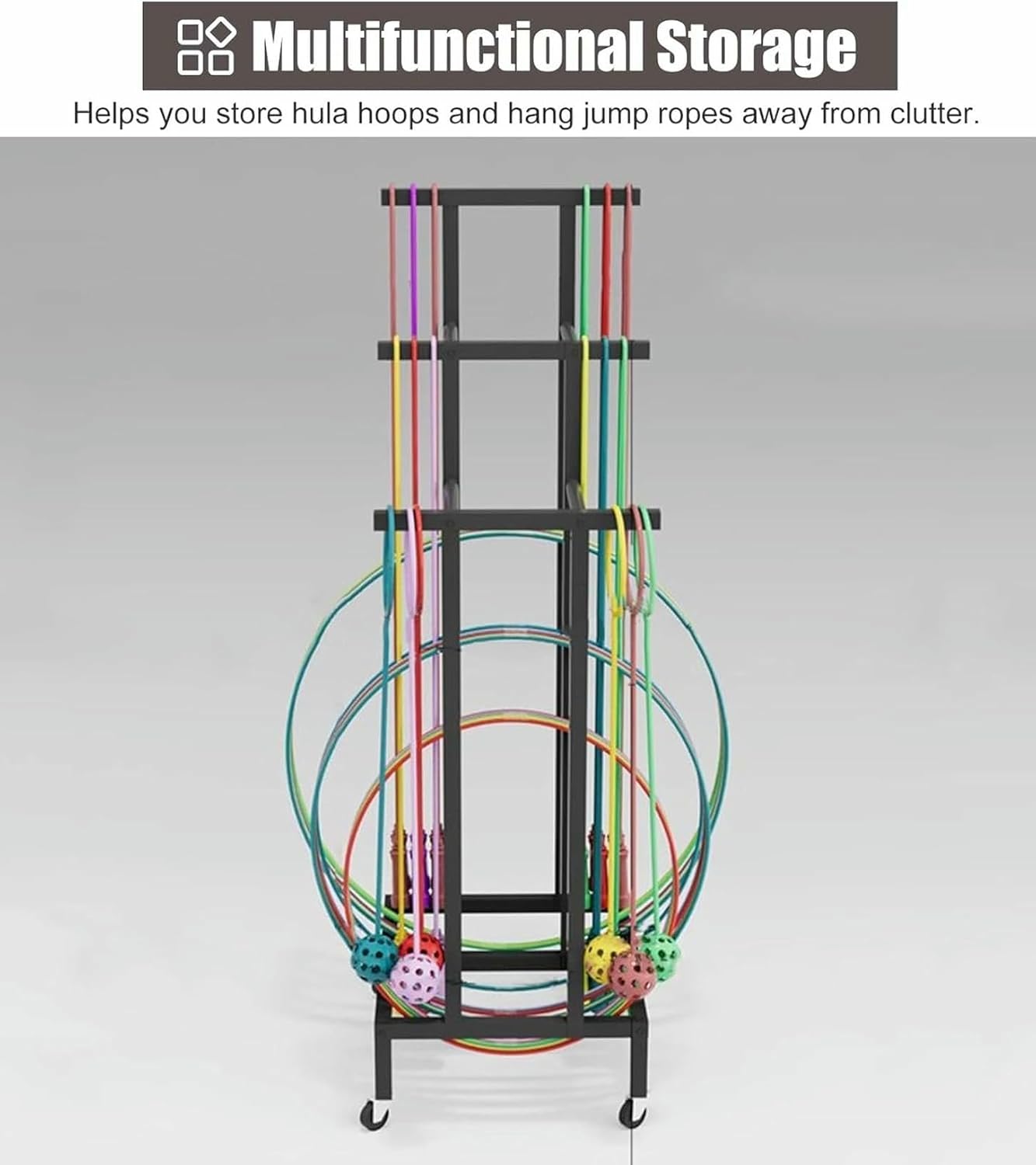 Freestanding Hula Hoop and Jump Rope Holder Stand, Moveable Fitness Hoop Storage Cart, Sport Equipment Organizer Shelves, Playground Garage Gym Shelf