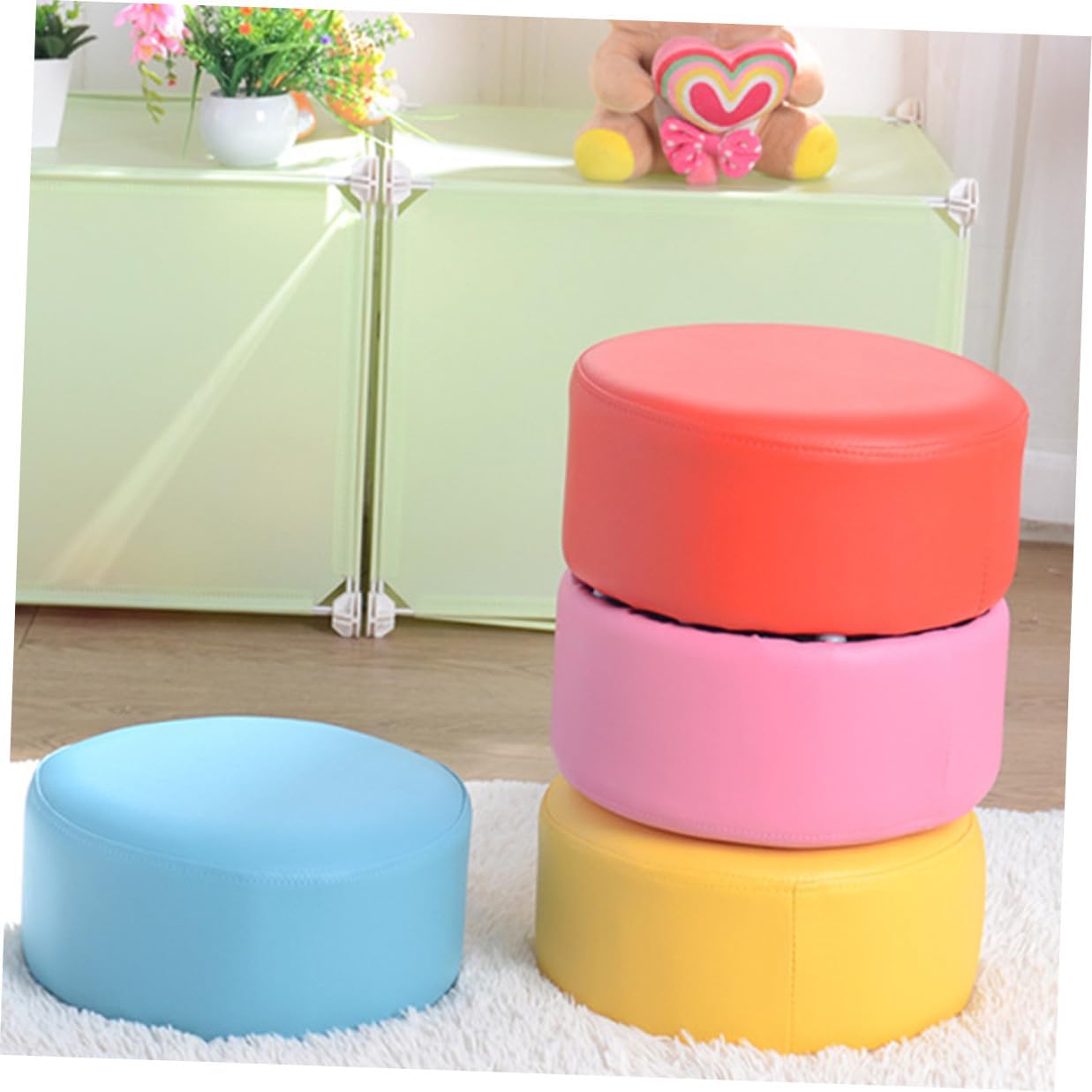 Kids Round Stool Portable Footstool Pink PU Sponge Lightweight