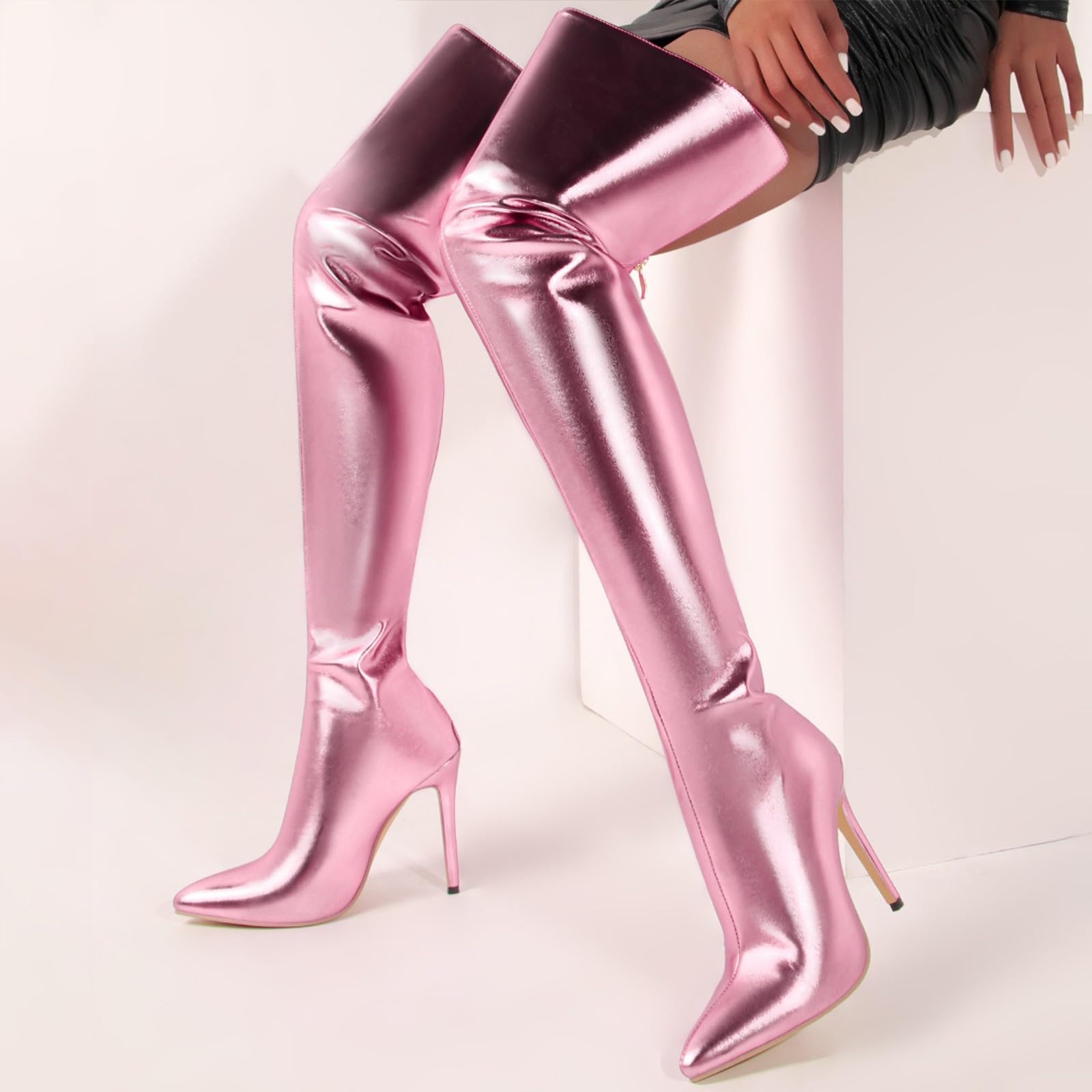 Botas de mujer con puntera ancha, botas altas por encima de la rodilla duraderas con suela interior, botas de mujer con tacón antideslizante, botas de montar para mujer, moda de invierno y