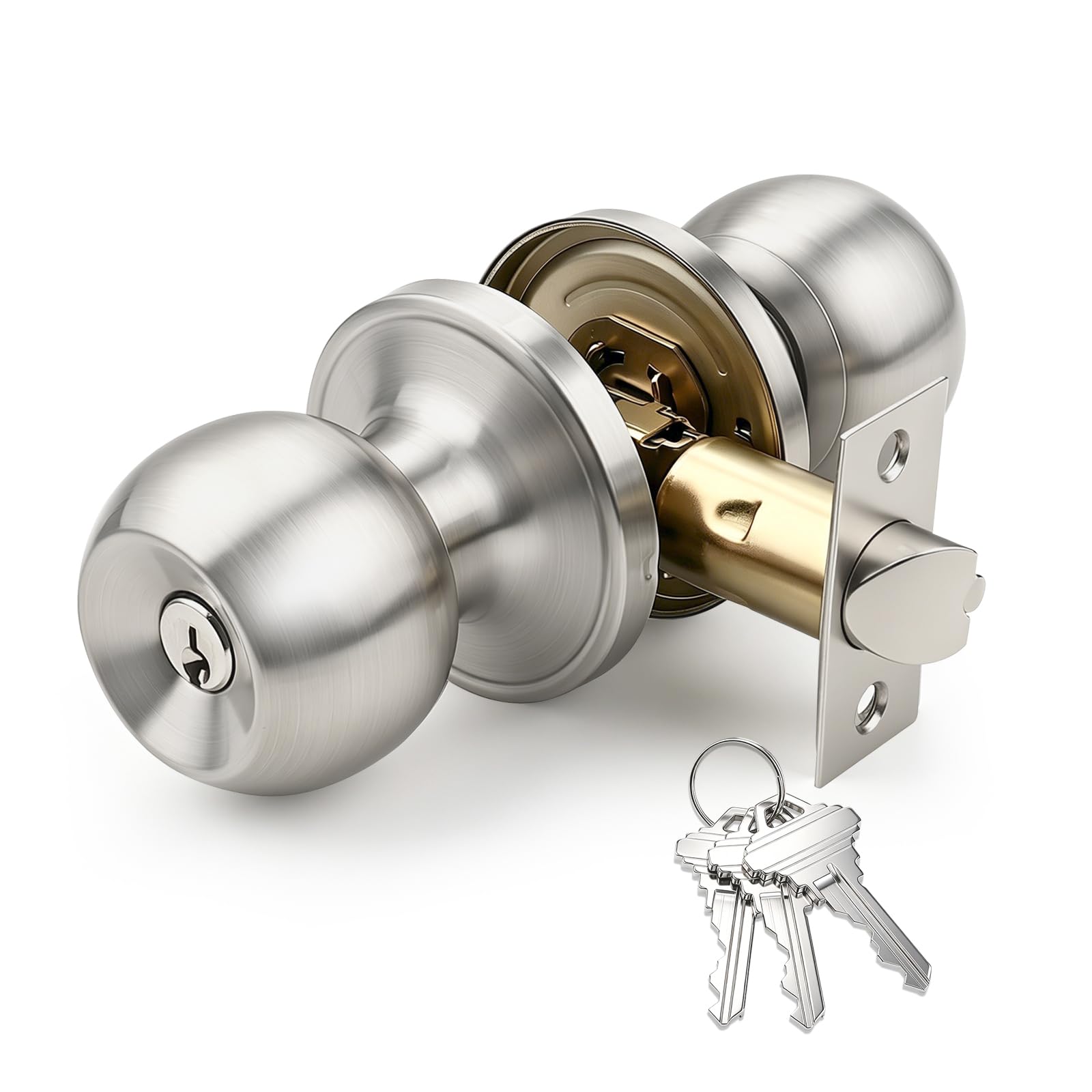Brotima Satin Nickel Round Entrance Door Knobs with Keys,Adjustable Latch (60mm/70mm),Entry Door Knob for Living Rooms & Bedrooms