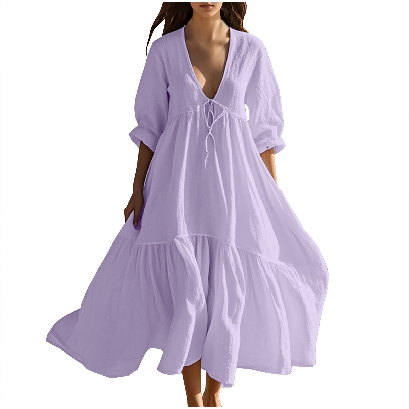 AMhomely Cotton Linen Dresses for Women UK-Summer Boho Maxi Dress,Drawtring Deep V Neck Casual Dresses,Short Sleeve Flowy Sundress,Beach Smocked,Holiday Vacation,Office Work A Purple S
