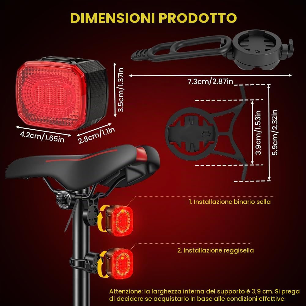 Ainiv Luci Posteriori per Bici, USB Ricaricabile, Rilevamento dei Freni, Supporti a Sgancio Rapido per Sella & Reggisella, ON/off Automatico per Bici da Strada e Mountain Bike