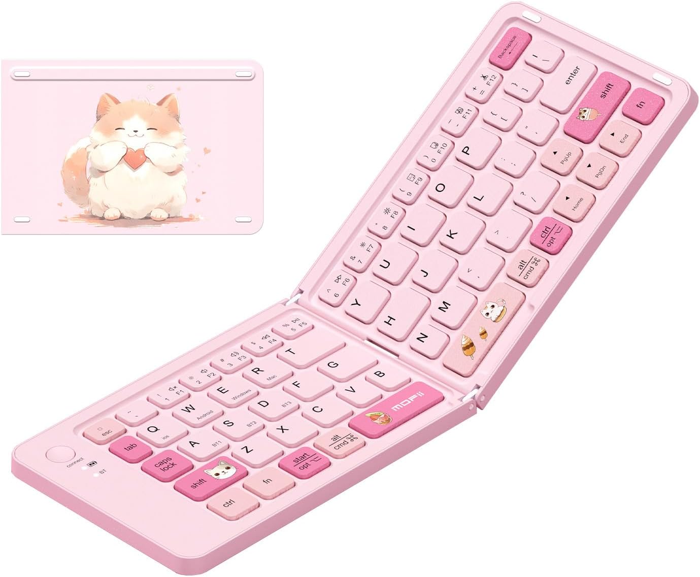 Pink Foldable Bluetooth Keyboard for iPad iPhone Tablet, Portable Mini Wireless Rechargeable Keyboard with 67 Quiet Keys, Compact Travel Keyboard for Android Mac Windows Laptop - Cute Cat Theme