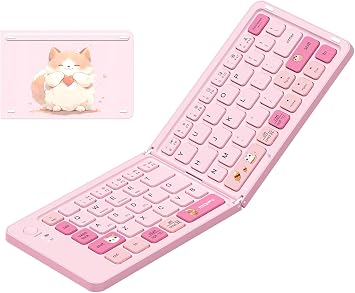 Pink Foldable Bluetooth Keyboard for iPad iPhone Tablet, Portable Mini Wireless Rechargeable Keyboard with 67 Quiet Keys, Compact Travel Keyboard for Android Mac Windows Laptop - Cute Cat Theme
