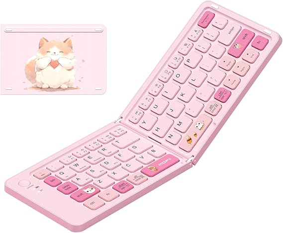 Pink Foldable Bluetooth Keyboard for iPad iPhone Tablet, Portable Mini Wireless Rechargeable Keyboard with 67 Quiet Keys, Compact Travel Keyboard for Android Mac Windows Laptop - Cute Cat Theme