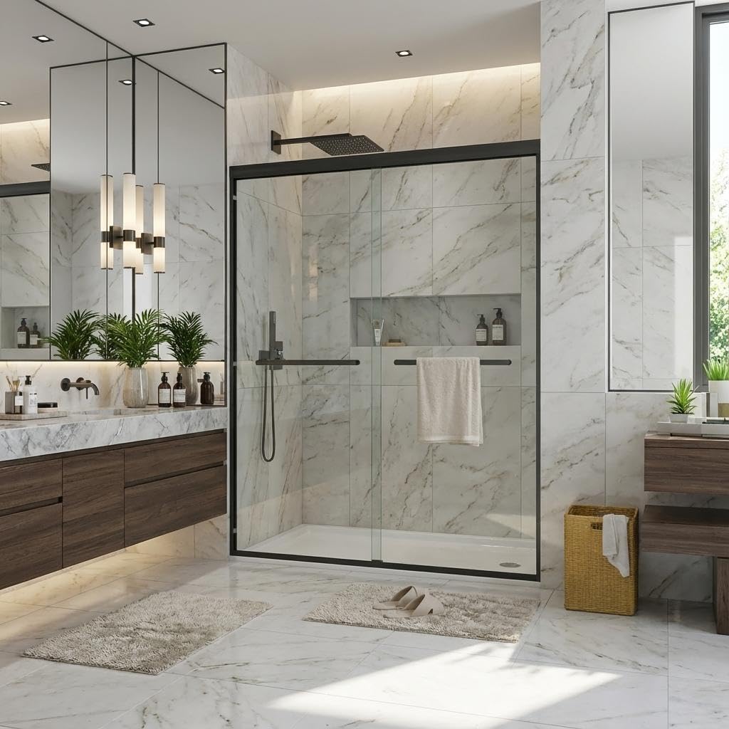 44-48" W x 72" H Frameless Shower Door, Sliding Glass Door for Walk in Shower with 5/16" (8mm) Clear Tempered Glass, Stainless Steel Handle, Easy to Clean, Space Saving Design, Matte Black