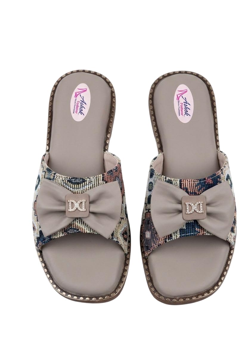 Synthetic Leather Slide Sandals for Women | Slip-On Flat Sandal with Woven Pattern Upper, Bow Detail & Metal Accent | Comfortable Footbed, Casual Footwear for Festive Event (Multicolor)-image-1