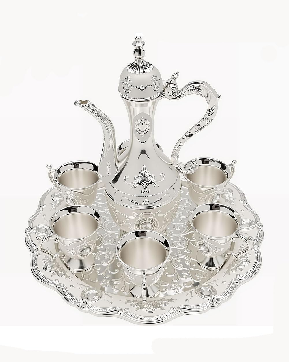 Vintage Turkish Coffee Pot Cups Set with Tray and 6 Cups Retro Coffee Pot Cups Set Exquisite Wine Pot Set Decorative Vintage Tea Service Set for Home Party Decor Silver White