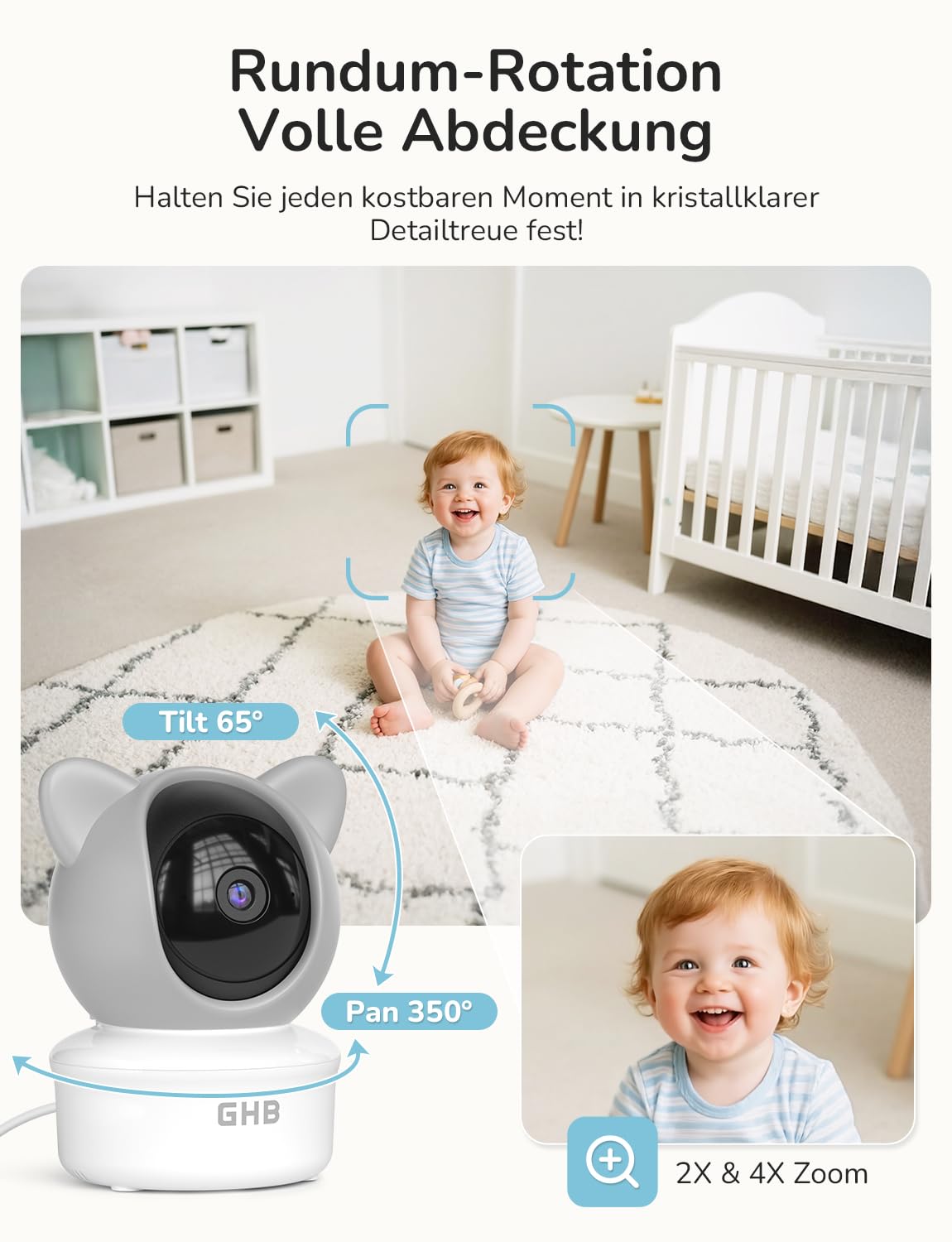 GHB Babyphone mit Kamera App WiFi 2K IPS 5 Zoll WLAN Babyphone PTZ 350°/65° VOX Bewegungs-/Geräusch-/Weinerkennung Nachtsicht 4 Zoom Nachtsich