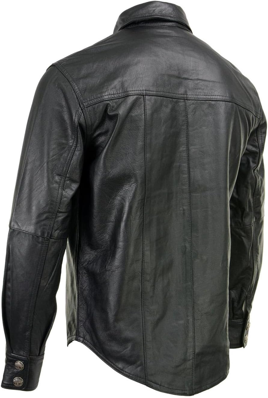 Milwaukee Leather MLM1611 Men's Premium Black Leather Casual Biker Rider Shirt w/Vintage 5 Cent Buffalo Buttons
