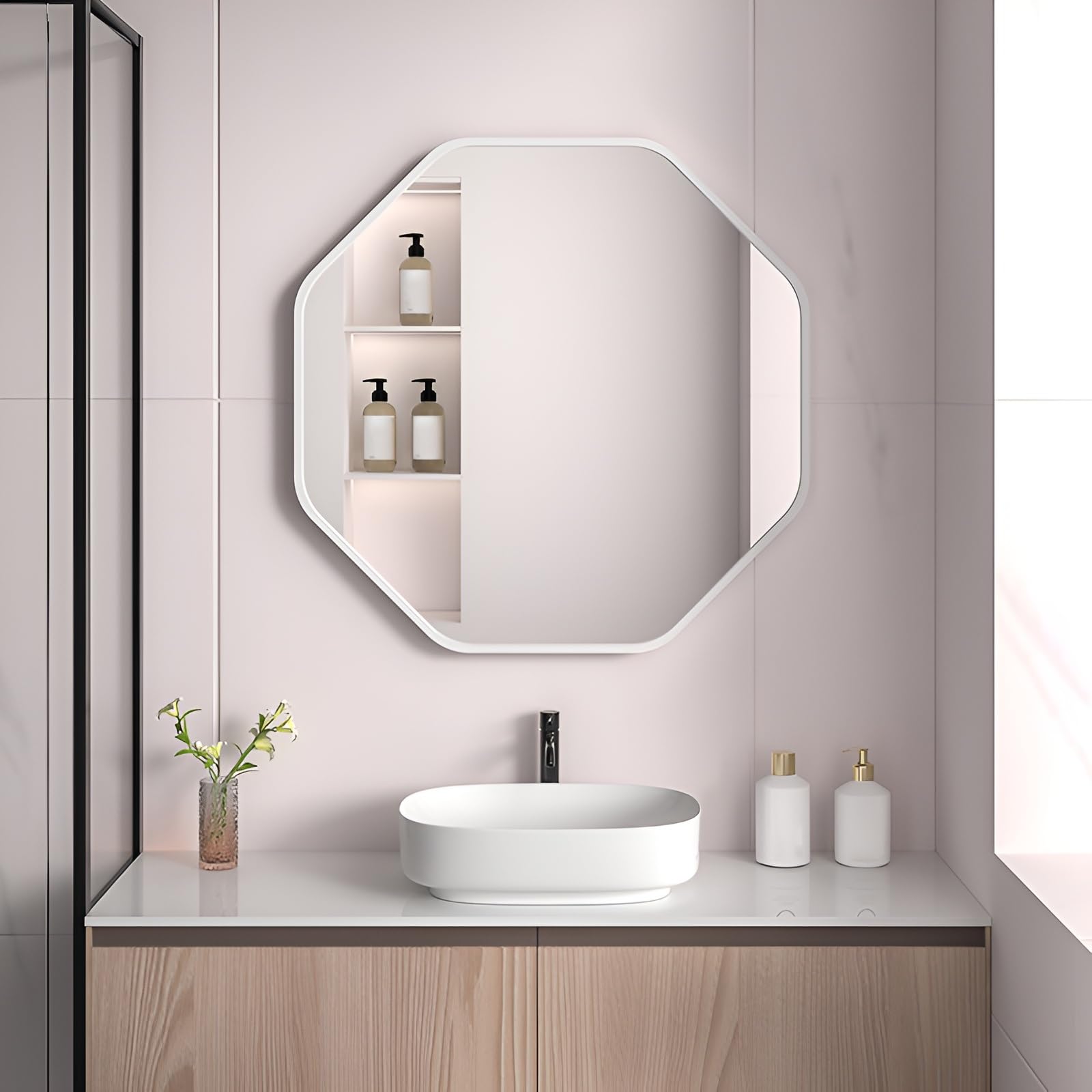FGXHHS 15.7in, 19.7in, 23.6in, 27.6in, 31.5in, Metal Frame, Octagon Mirrors Beveled Edge Wall For Over Sink, Entryway, Vanity, Bedroom(White,70cm/27.6in)