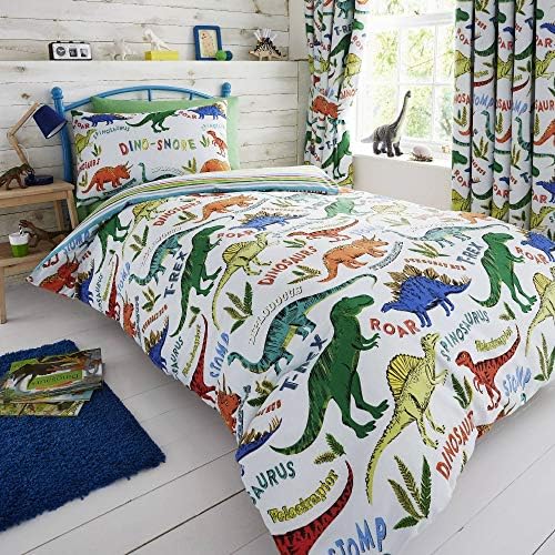 Happy Linen Company HLC Childrens Boys Girls Dinosaur Park Jurassic T-Rex Dino Green Reversible UK Single/US Twin Bedding Duvet Cover Set