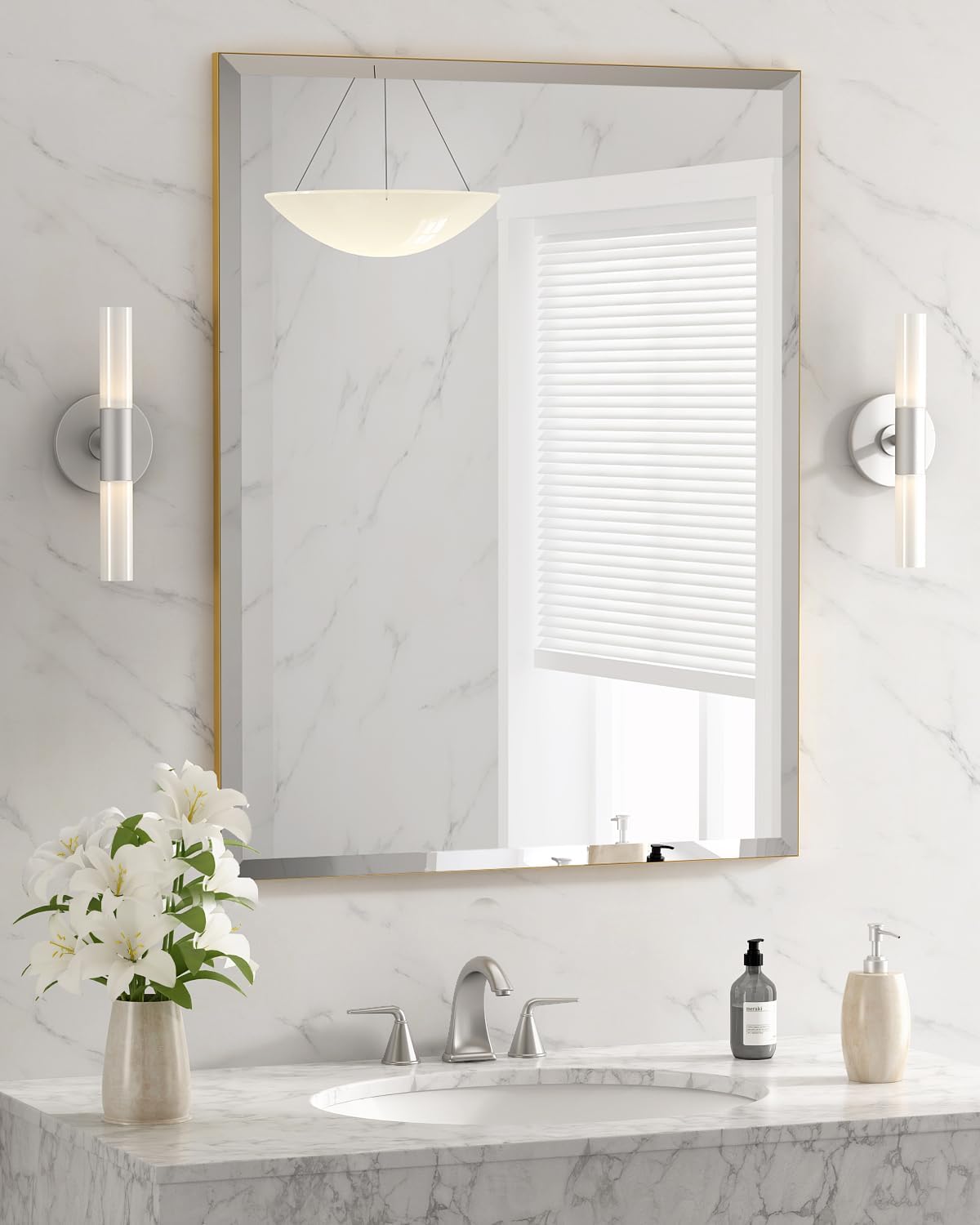MZON 24x36 Bathroom Vanity Mirror for Wall with Beveled Edge, Ultra-Thin Metal Frame HD Mirror, Rectangular Wall Mounted Mirror for Bathroom Sink, Vertical or Horizontal, Gold