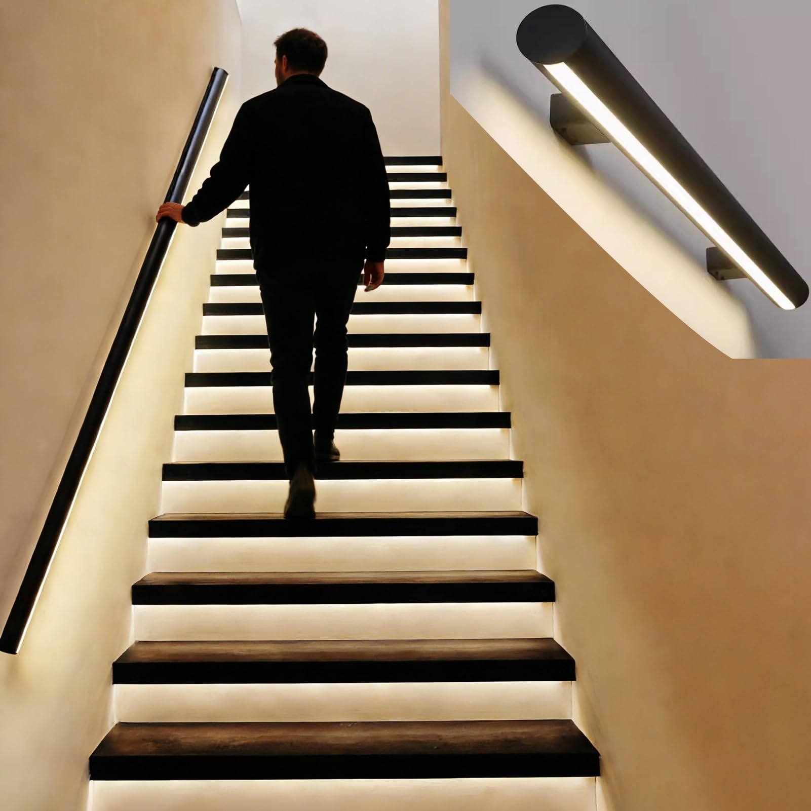 LED Bewegungsmelder il für Treppen, rundes Innengeländer-Set für 91–610 cm, einfache Installation, sichere und stilvolle Treppenbeleuchtung, ideal für den Heimgebrauch (links, 91 cm)