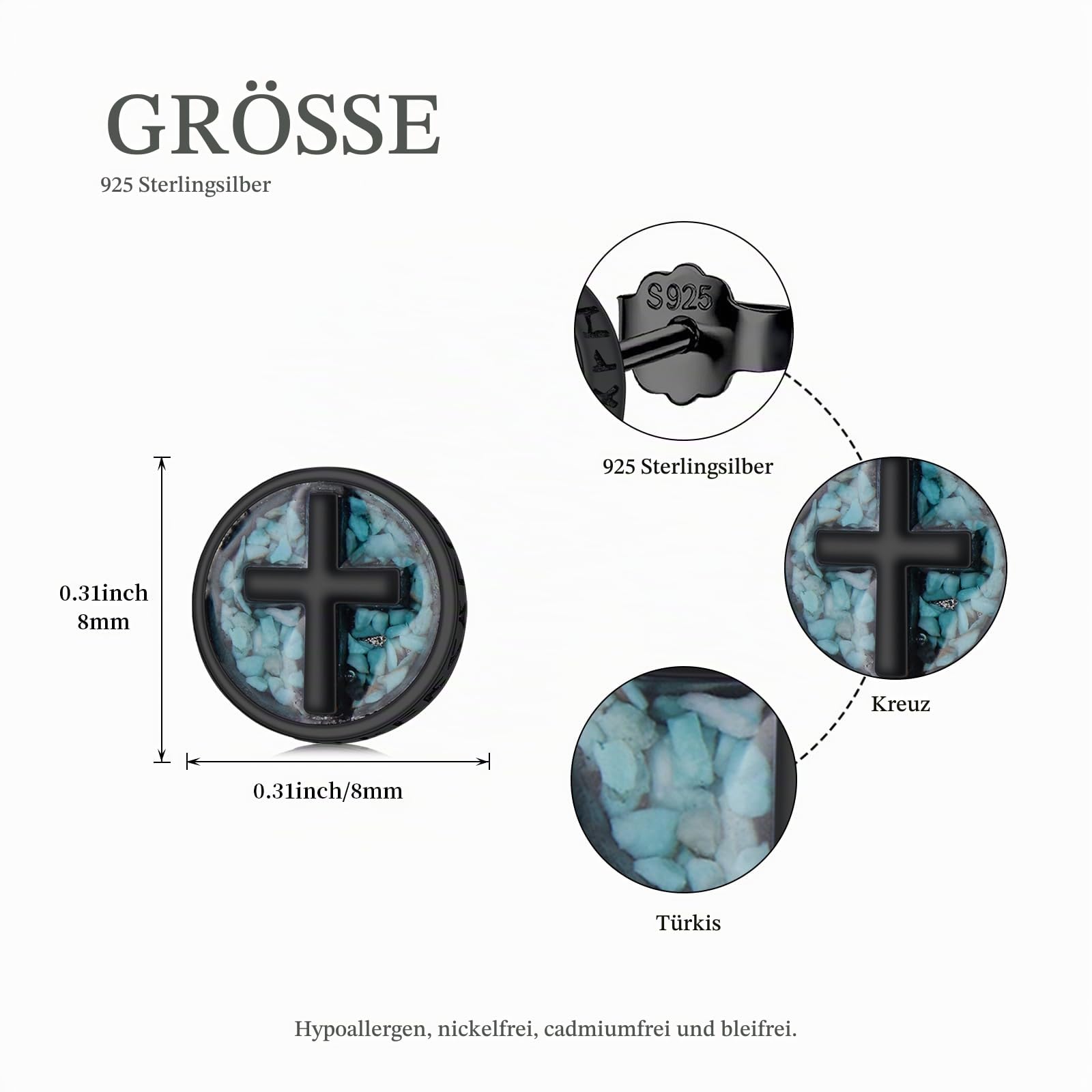 Midir&Etain Kreuz/Ankh/Frieden/Wikinger Ohrstecker für Herren Damen 925 Sterling Silber Schwarz Ohrringe mit Türkis Schmuck Geburtstags Vatertag Geschenk für Vater Jungen