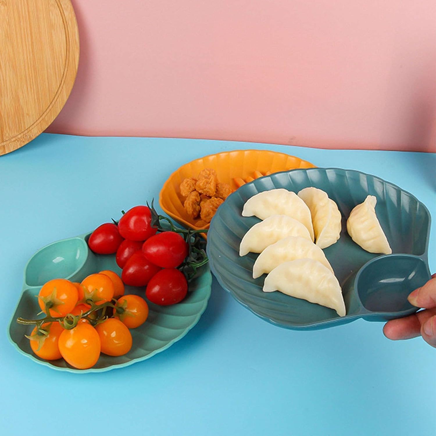 FIKKANI Wheat Straw Chip and Dip Serving Platter Set Divided Snack Plates Set| Sushi Plates with Sauce Section| Perfect for Chip & Dip| Dumpling| Appetizer (4, Blue) 1