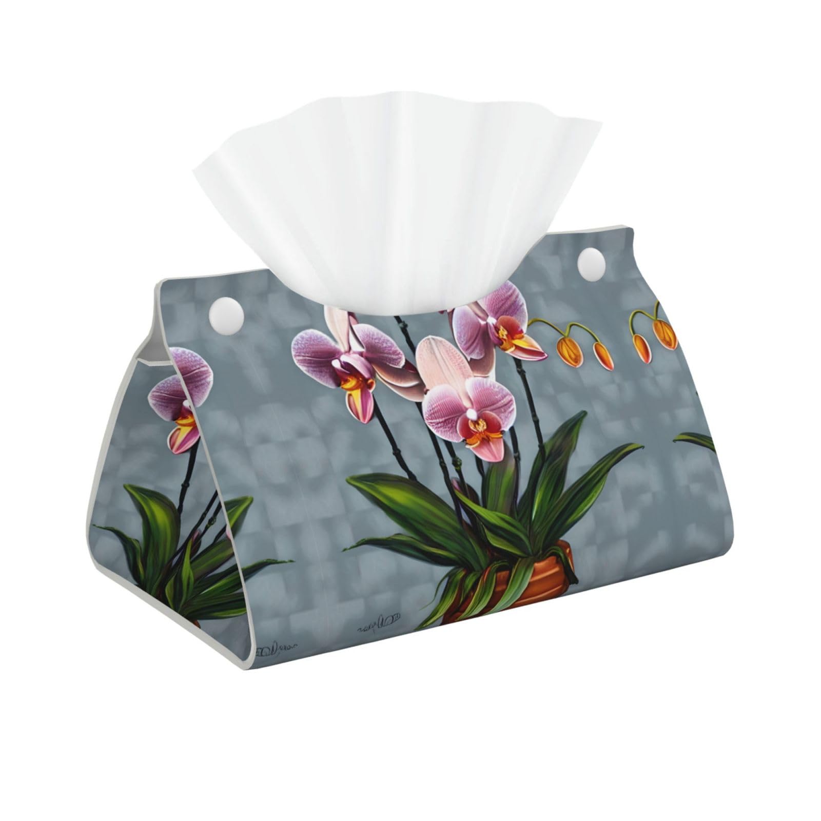 Blooming Orchids Print Long Tissue Box Cover Holder Foldable Leather Organizer for Vanity, Nightstand, Desk & Bathroom