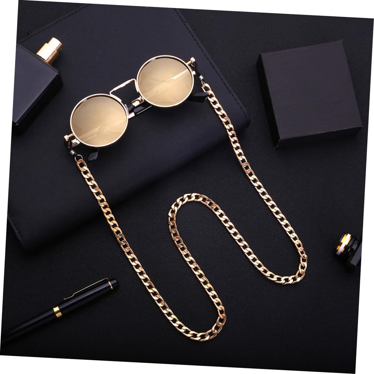 Ipetboom Hip-Hop Style Golden Eyeglass Chain for Men Thick Sunglasses Strap Anti-Slip Eyewear Retainer Fashionable Glasses Cord for Casual and Outdoor Use