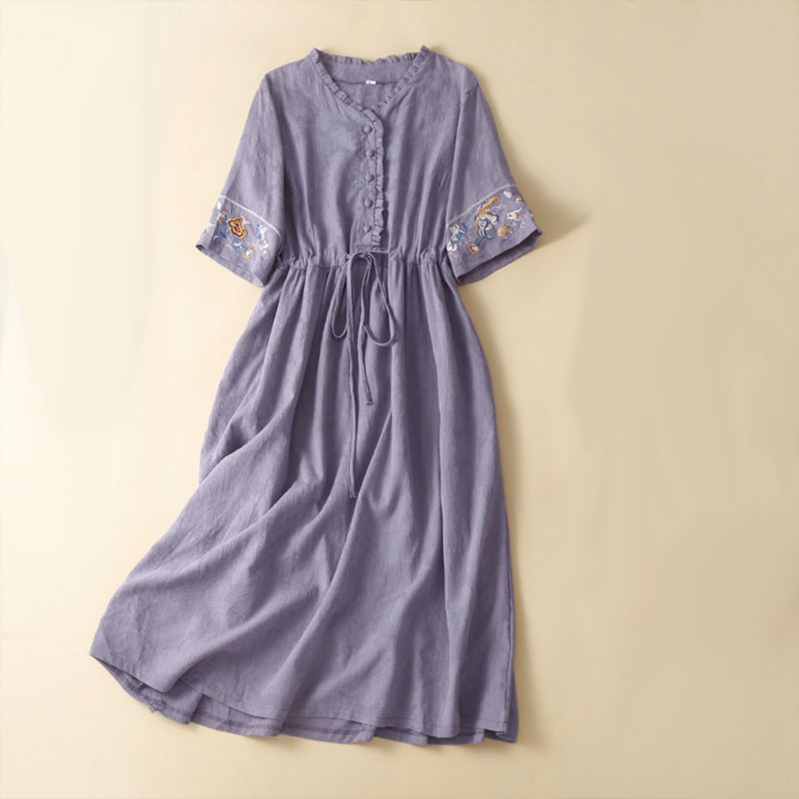 Vestido Largo Casual de Corte A con Mangas Bordadas, Vestido de Verano con Bordado Floral