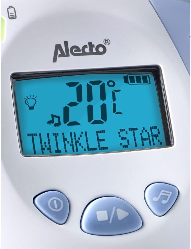 Alecto DBX-88 ECO Parent Unit Display showing 'Twinkle Star' lullaby