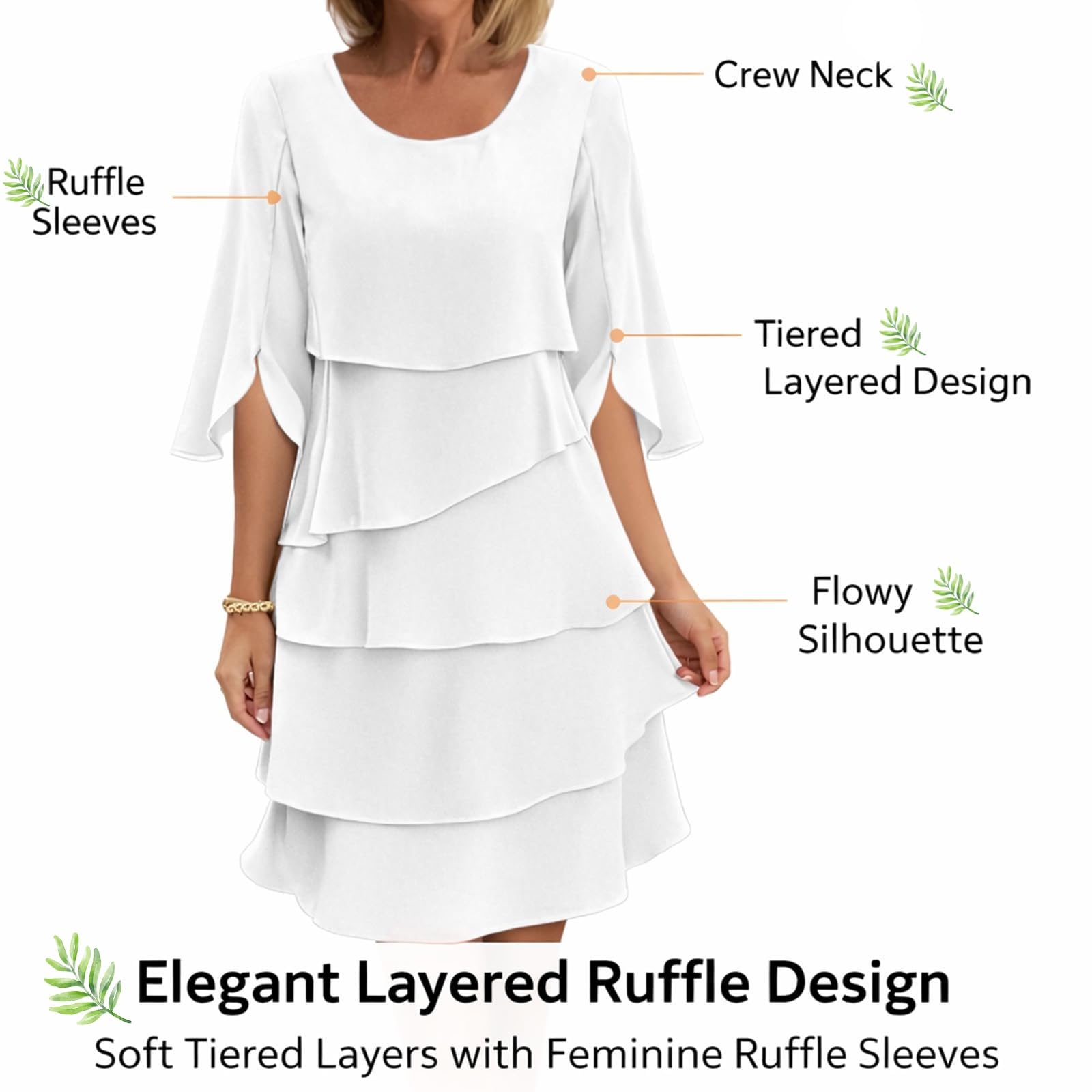 Generisch Elegantes Damen-Kleid mit gestuften Rüschenärmeln – Fließendes Midi-Kleid aus Chiffon mit Rundhalsausschnitt und mehrstufigen Rüschenlagen – Für Freizeit & Party