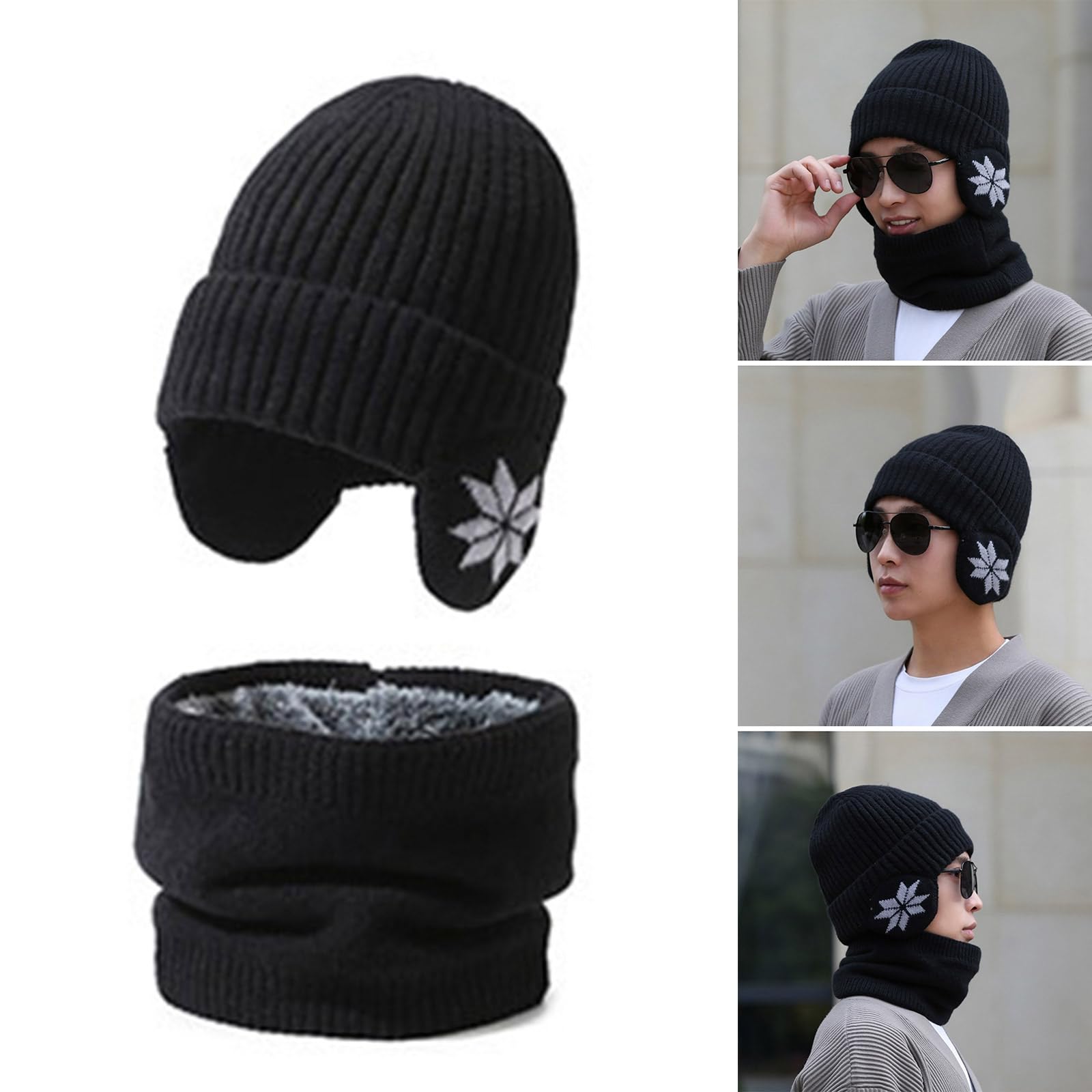 Thicken Knit Ushanka 21-23inch Head Cir Furry Lining Thicken Neck Warmer Knit Scarf For Cold Weather Insulated Hat