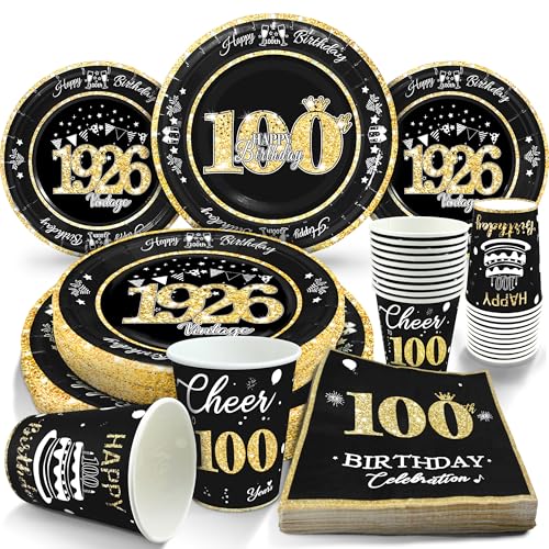 Image of 100th Birthday Decorations Black and Gold, Service for 30, Vintage 100th Birthday Party Supplies Includes Black Vintage 1926 Plates,Napkins,Cups, Plates and Napkins for Men Women