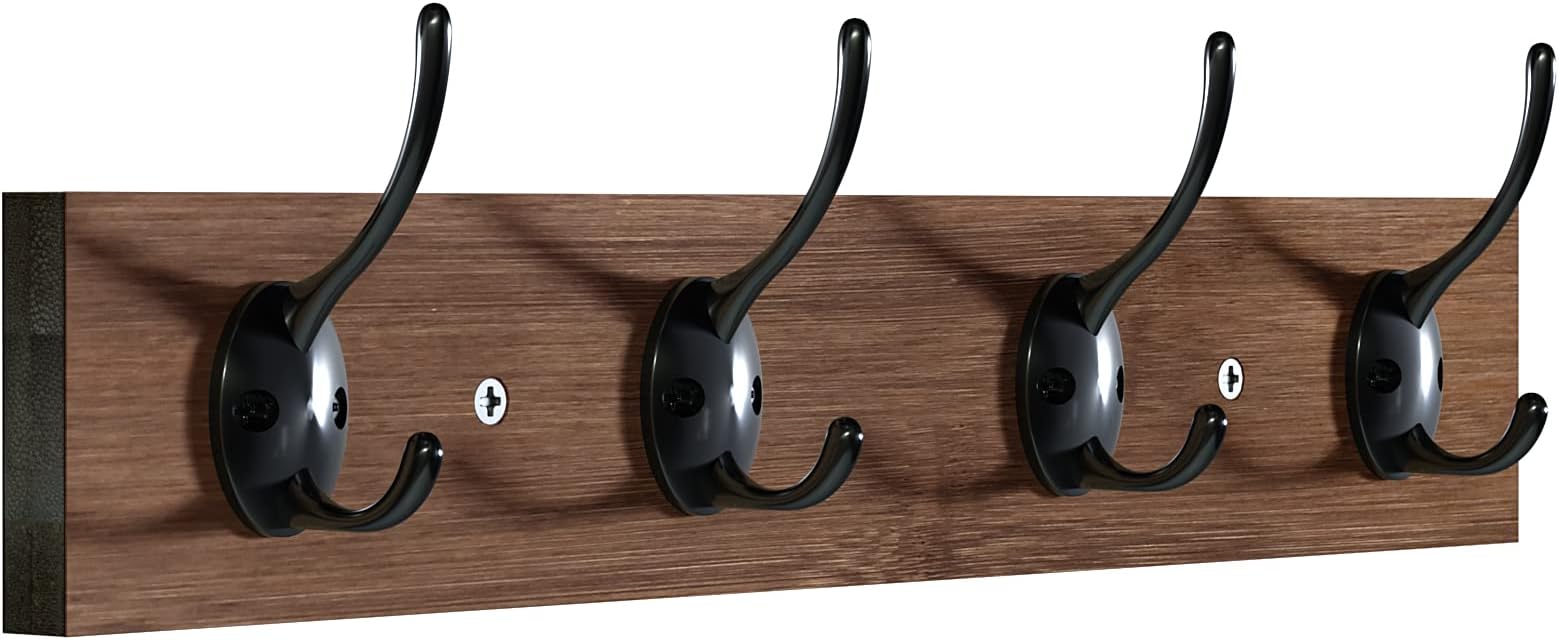 BAMEOS Wall-Mounted Coat Hook Rack With Shelf - Entryway Hanging Wood Coat Hooks With 4 Dual Hooks for Bathroom, Living Room, Bedroom (Brown-Without Shelf)