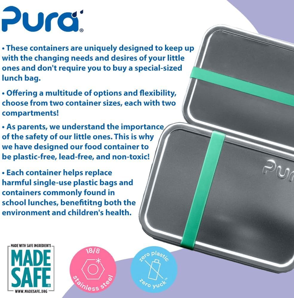 Pura Lunch Containers | Kitchen Food Storage Containers with Lids | Meal Prep Reusable Bento Box | Stainless Steel Lunch Box for For All Ages - Small