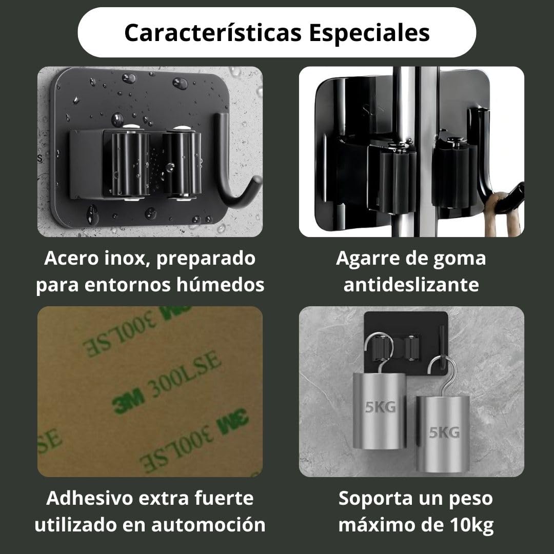Set 4 Colgadores Escoba y Fregonas Adhesivo, Organizador y Soporte escobas Pared adhesivo, Cuelga y Sujeta Escobas, Escobero pared - Porta Fregona para Colgar Escoba y Fregonas (Negro)