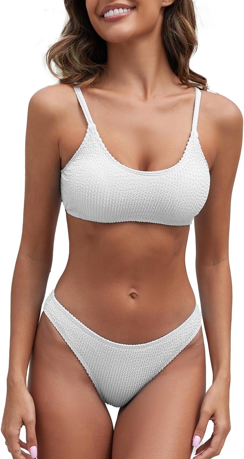 FanuergWomen's Ribbed Bikini Sets Scoop Neck Cheeky Swimsuit Textured Two Piece Bathing Suit