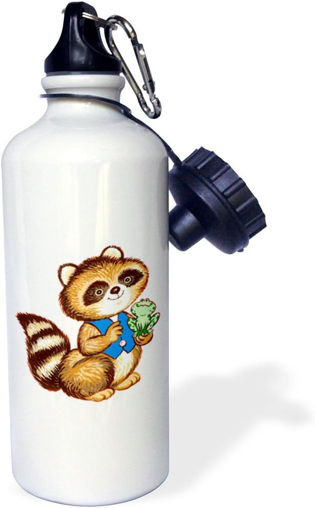 3dRose Cute Racoon Sports Water Bottle, 21 oz, White