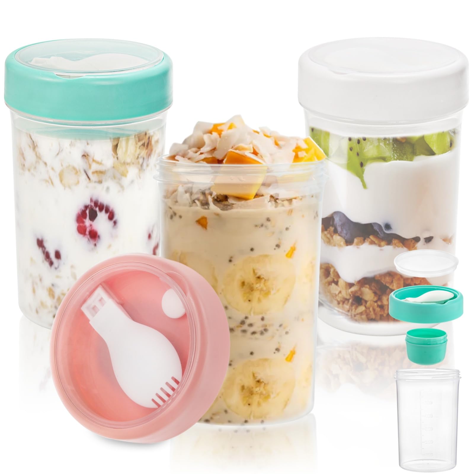 3 Pack Salad Shaker Cup, 26 Oz Portable Cereal Cup with Lids and Fork, Yogurt Parfait Container with Sauce Dressing, Leak Proof Keep Fit Meal Bottle for Lunch, Vegetable Fruits, 3 Color