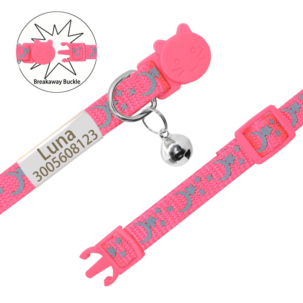 Personalized 2 Pack Reflective Cat Collar with Name Tag,Custom Moon Star Breakaway Cat Collars with Bell,Engraved 3 Lines Anti-Lost Nameplate Cat Collar (Pink,fit 8.0''-12.5'')