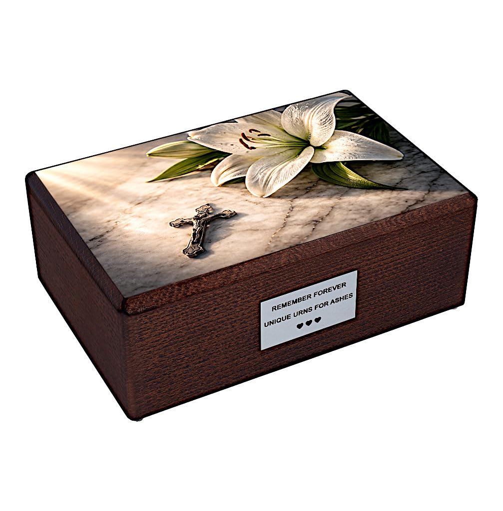 Calla Lily and Cross Cremation Urn for Adult Human Ashes, Solid Wood Memorial Tribute