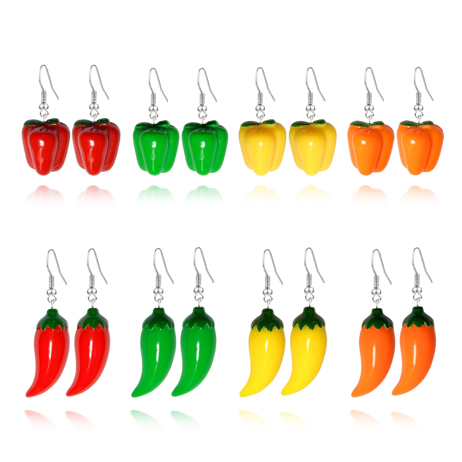 CYV 8 Pairs Lifelike Simulation Vegetable 3D Chili Pepper Food Resin Dangle Drop Earrings For Women