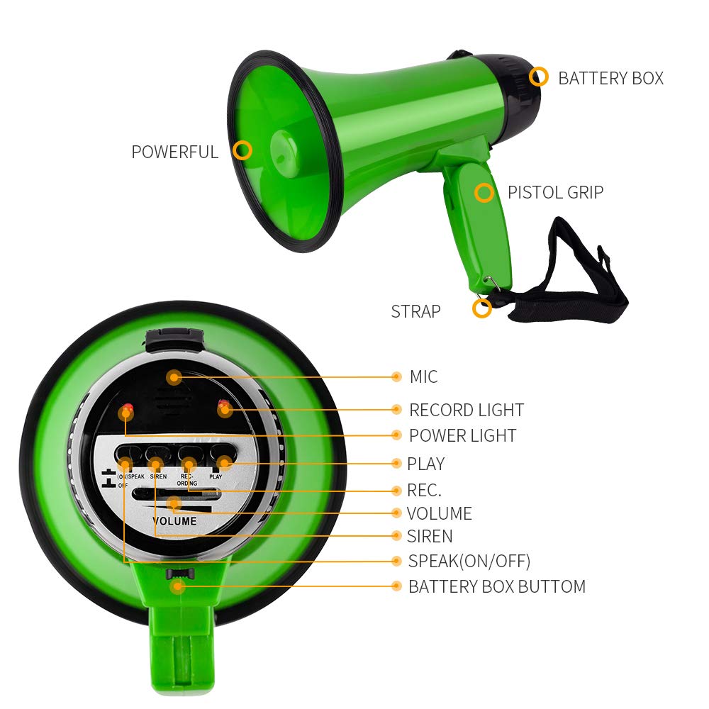 Megáfono Altavoz Megáfono Altavoz de 25 vatios Bocina de grabación for cualquier deporte al aire libre, fanáticos y entrenadores de porristas o for ejercicios de seguridad Micrófono (sin batería)