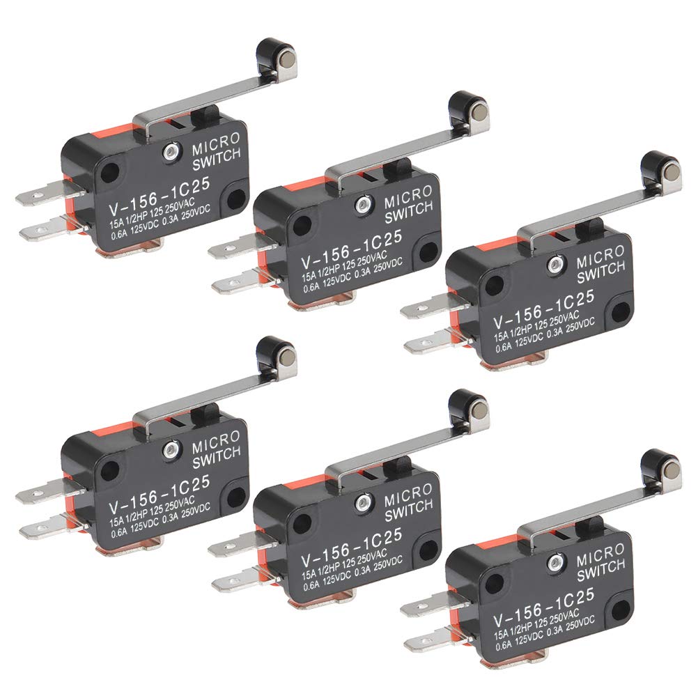 BUYGOO 6Pcs V-156-1C25 Micro Limit Switch with Hinge Roller Momentary SPDT Snap Action for Arduino CYT1046