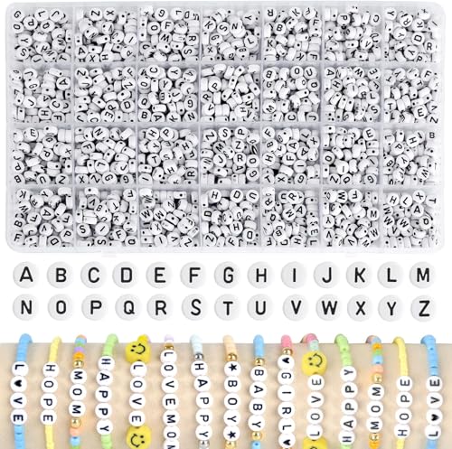 HOLDLEAF 1400 Stück Alphabet-Perlen für Armband, A-Z, weiß, rund, mit 1 elastischem Faden für DIY Schmuckherstellung