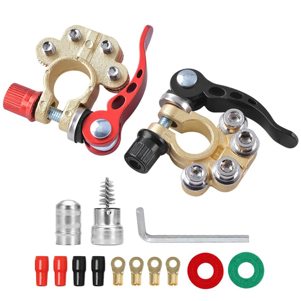 VARGTR 2Pack Car Battery Terminal Clamp Connectors,4 Way Positive Negative Copper Car Battery Terminal Quick Release Disconnect With Hex Wrench For SAE/JIS Type A Posts