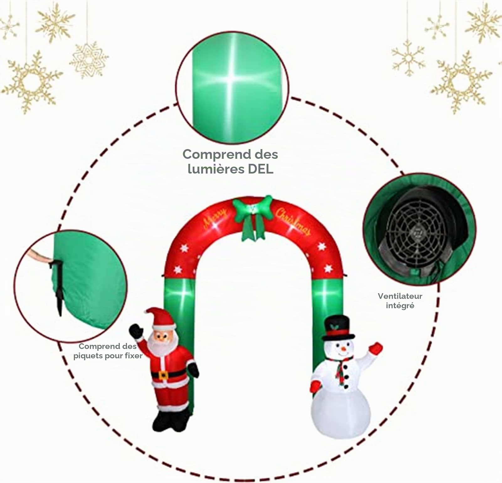 QBOMB Arche Gonflable de Noël de 8 Pieds avec lumières LED intégrées, Père Noël et Bonhomme de Neige Décorations de Vacances en Plein air pour la pelouse de Jardin de Jardin