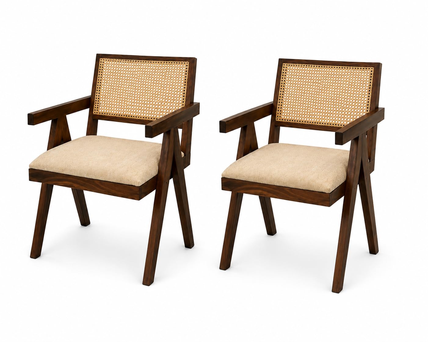WELL KNOWN | Solid Sheesham Wood Rattan Armchair | Walnut Finish, Cane Back & Cream Upholstery | Mid-Century Modern Accent Chair for Living/Dining Room (Pair of 2, Walnut and Cream)-image-33