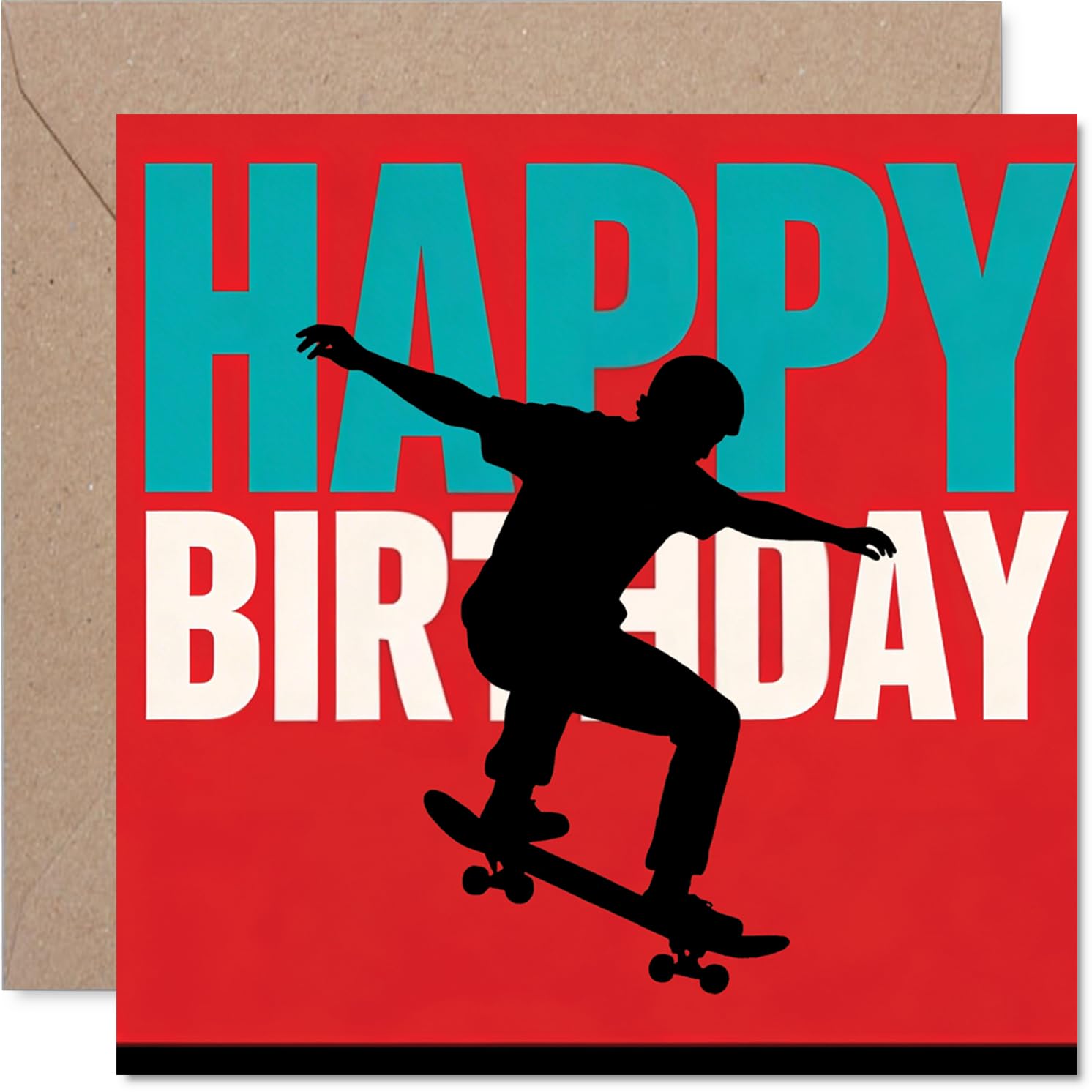 Playful Birthday Card - Skater Vibes in Bold Red - Silhouette Trick Design Adds Extra Energy - Great for Skateboard Fans - 145mm Square, Envelope Included