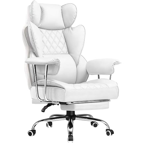 COMHOMA Big and Tall Gaming Chair with Pocket Spring Lumbar Support, Ergonomic Office Chair with Footrest, Executive Desk Chair with Outward Fixed Soft Armrests, Computer Chair with High Back, White