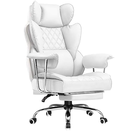 COMHOMA Big and Tall Gaming Chair with Pocket Spring Lumbar Support, Ergonomic Office Chair with Footrest, Executive Desk Chair with Outward Fixed Soft Armrests, Computer Chair with High Back, White - White